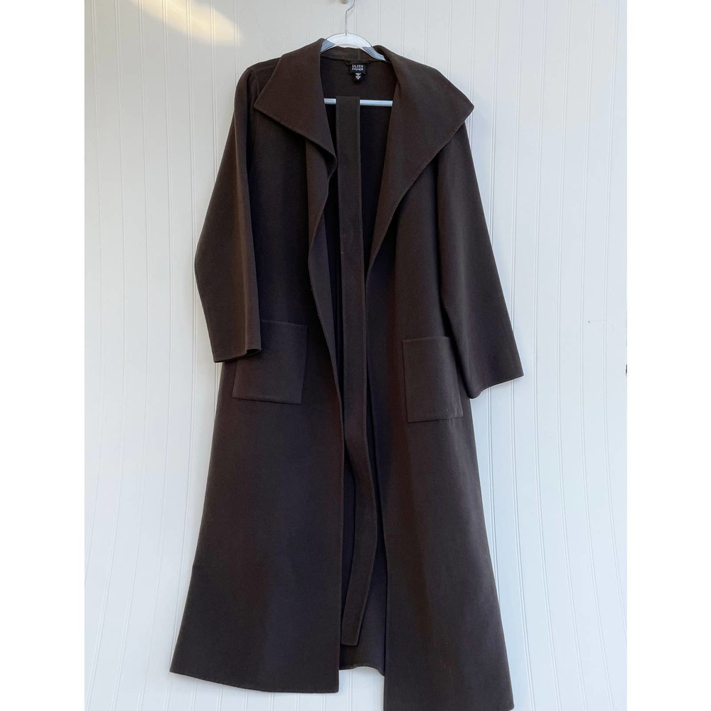 Eileen Fisher Long Doubleface Wool Cashmere Vintage Chocolate Brown Robe Coat
